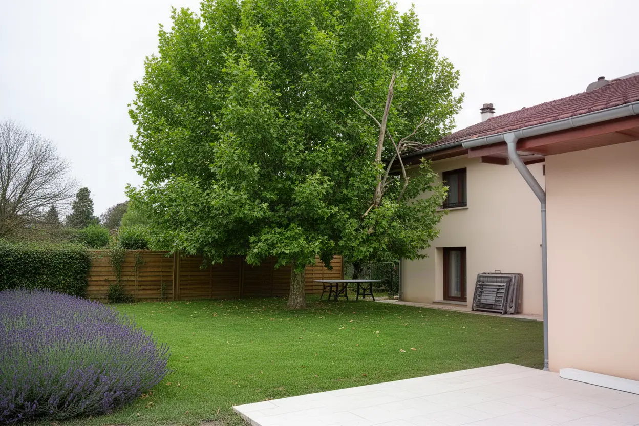 Platane dense avant taille près d'une maison à Pau