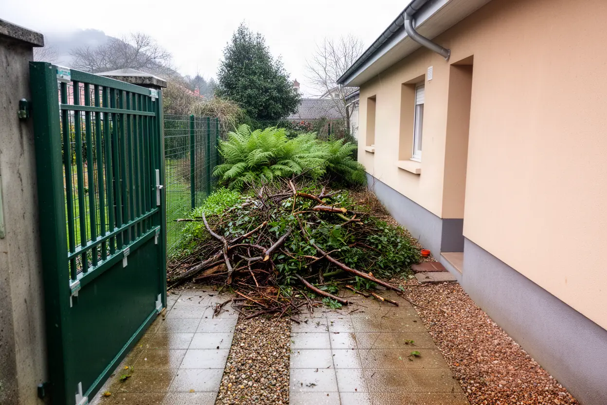 Branchages humides dans une allée à Bizanos