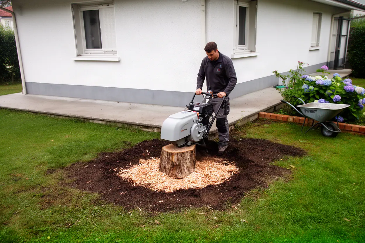 Rogneuse retirant une souche dans une pelouse à Pau