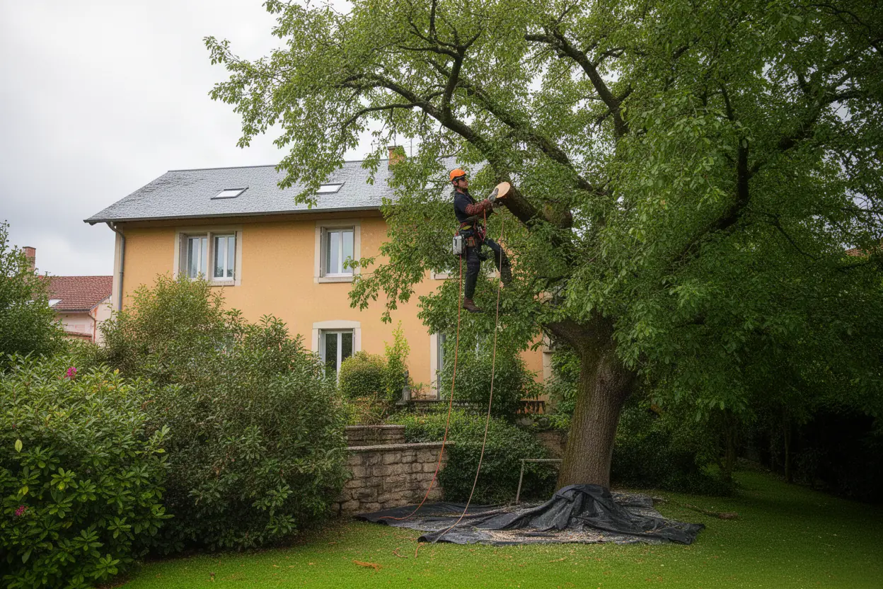Élagueur taillant un grand arbre dans un jardin palois