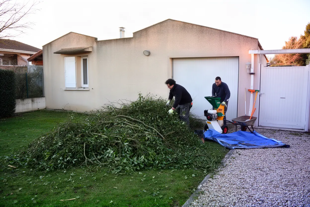 Équipe broyant des branches après chantier à Gelos